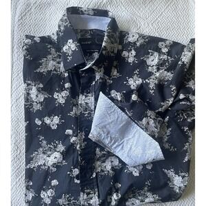 Quieti Men's Small S Navy Blue Floral Long Sleeve Button Down Shirt Accent Cuff